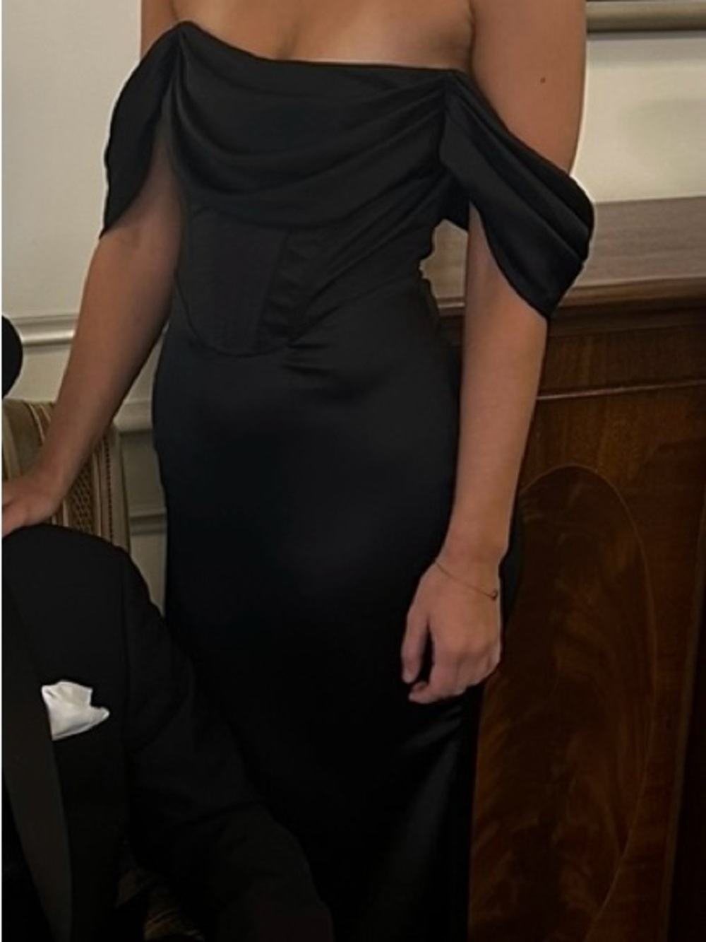 Hello Molly Black Off-Shoulder Satin Maxi Dress